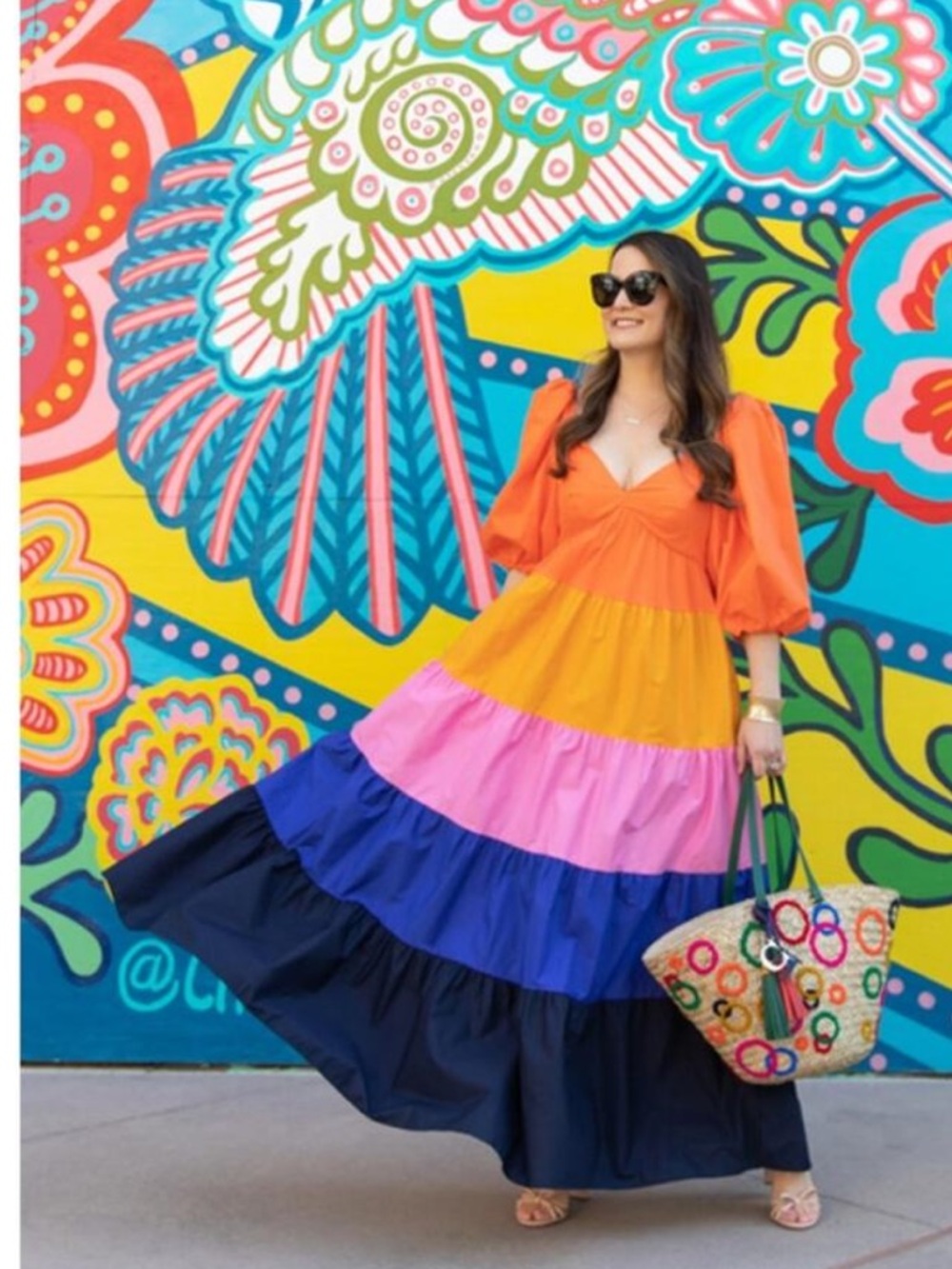 NEW FARM RIO Cotton Tiered RufflePuff Sleeves Colorblock Maxi Dress, Medium - Picture 6 of 16
